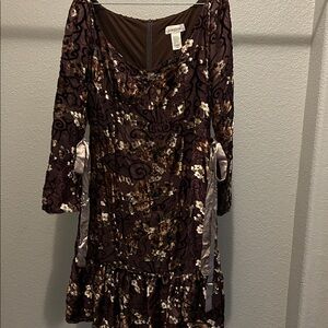 Vintage Elegant Burgundy Floral velvet maxi Dress size L fairy,dreamy,Y2K,